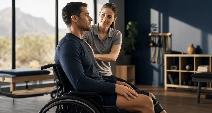 Patient in a wheelchair working with a rehabilitation clinician
