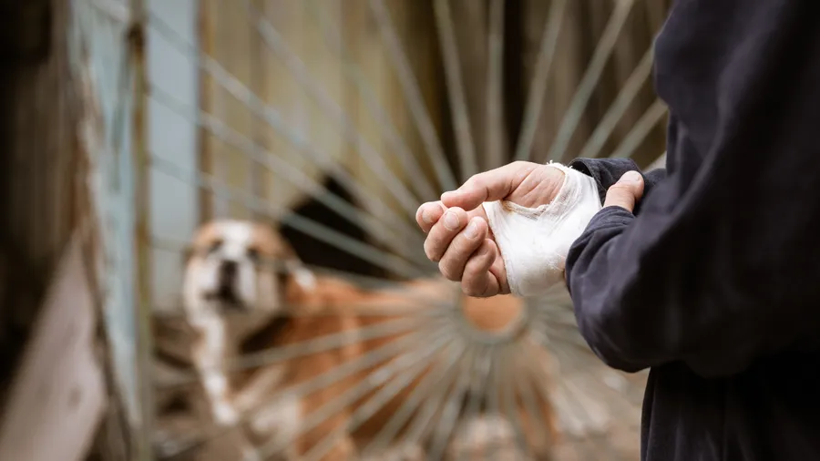 A bandaged hand being held up, with a dog behind a fence in the background
