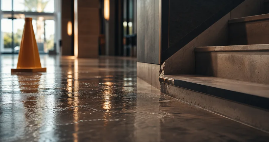Wet commercial floor and damaged stair creating a safety hazard