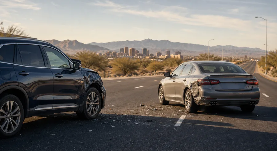 Two damaged vehicles after a collision on an Arizona roadway