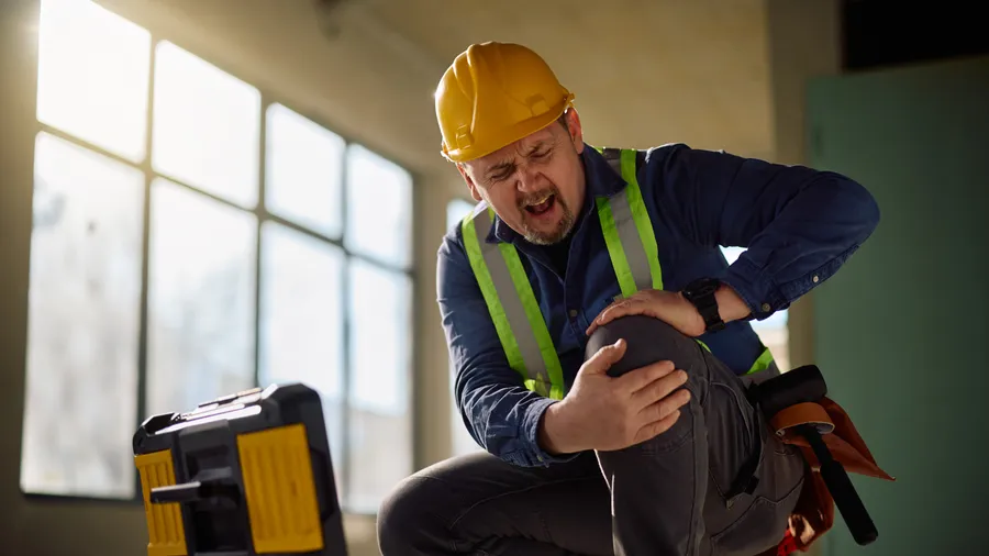 A construction worker in a hard hat and hi-vis crouching and holding his knee at a job site