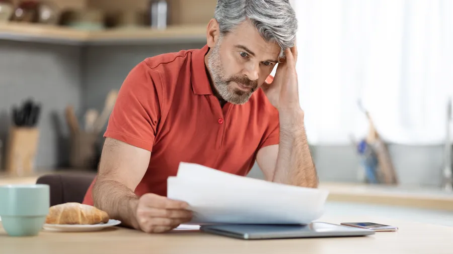 A man at his kitchen table reading a stack of claim paperwork with a worried expression