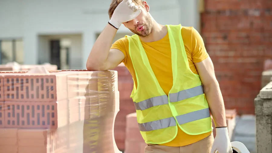 A worker in hi-vis wiping his forehead in hard sunlight, leaning on a pallet of bricks